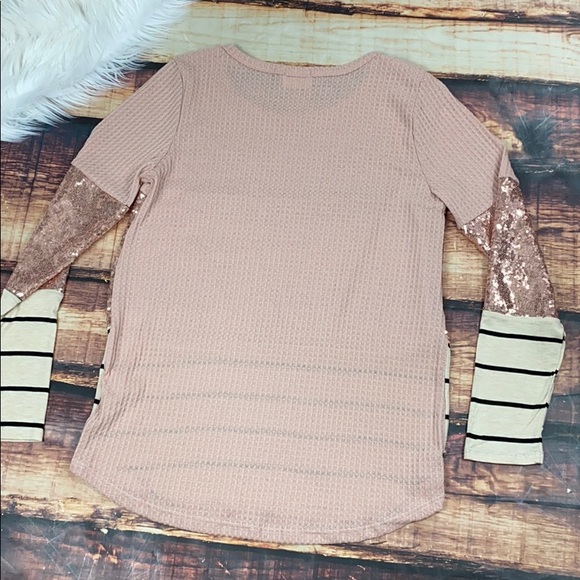 << Pink Sequin Sparkly Long Sleeve Striped Shirt > - Picture 5 of 5